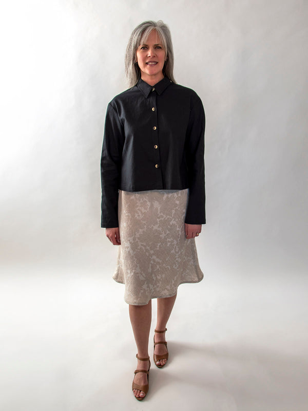 Button-Down Cropped Top, Black - With Bias Skirt