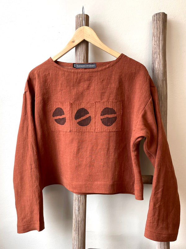 Terra Cotta Long Sleeve Top w/ Hand Printed Applique