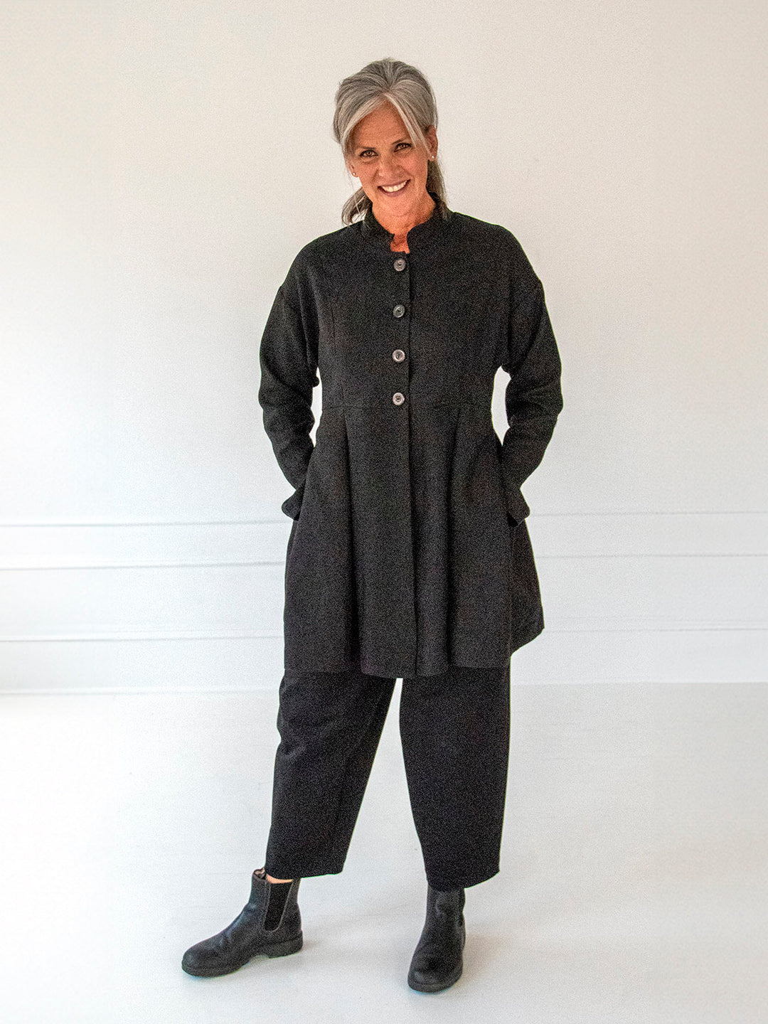 Mandarin Collar Tunic with Pleats, Black - Front View