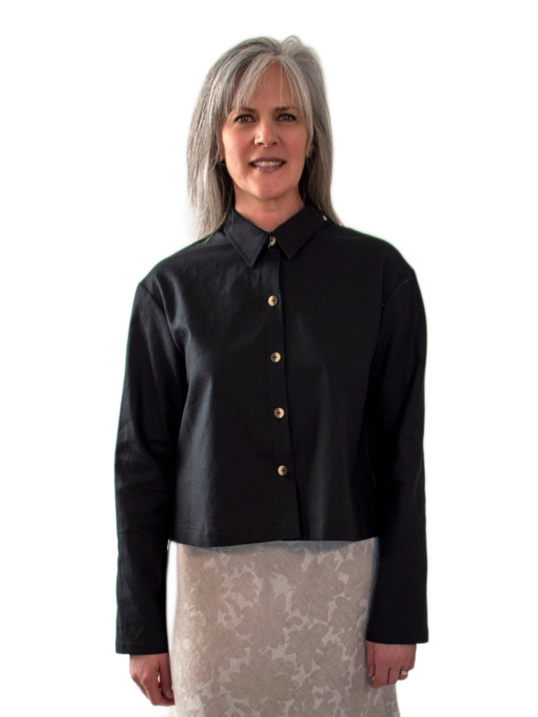 Button-Down Cropped Top, Black - Closeup View