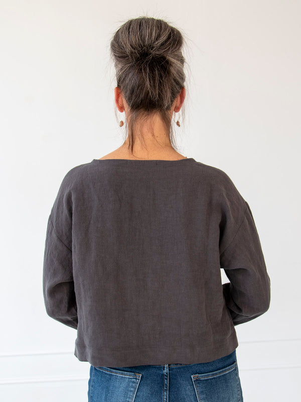 Charcoal Long Sleeve Top w/ Hand Printed Applique