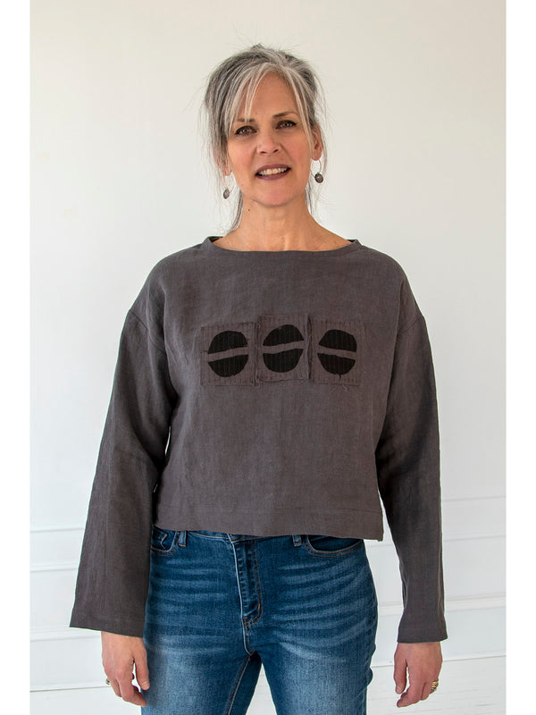 Charcoal Long Sleeve Top w/ Hand Printed Applique
