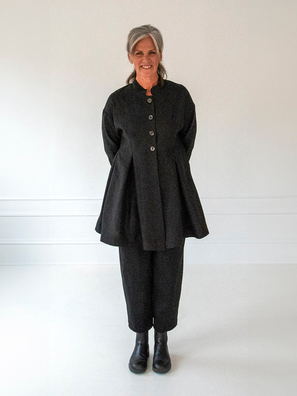 Mandarin Collar Tunic with Pleats, Black - Front View