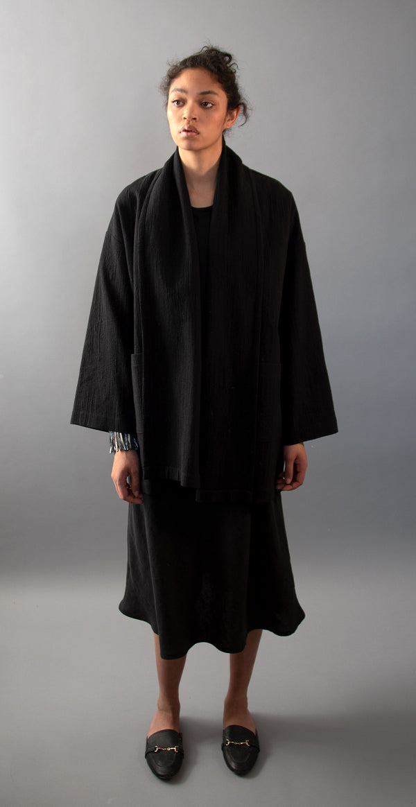 Black Shawl Collar Wrap Coat - Front